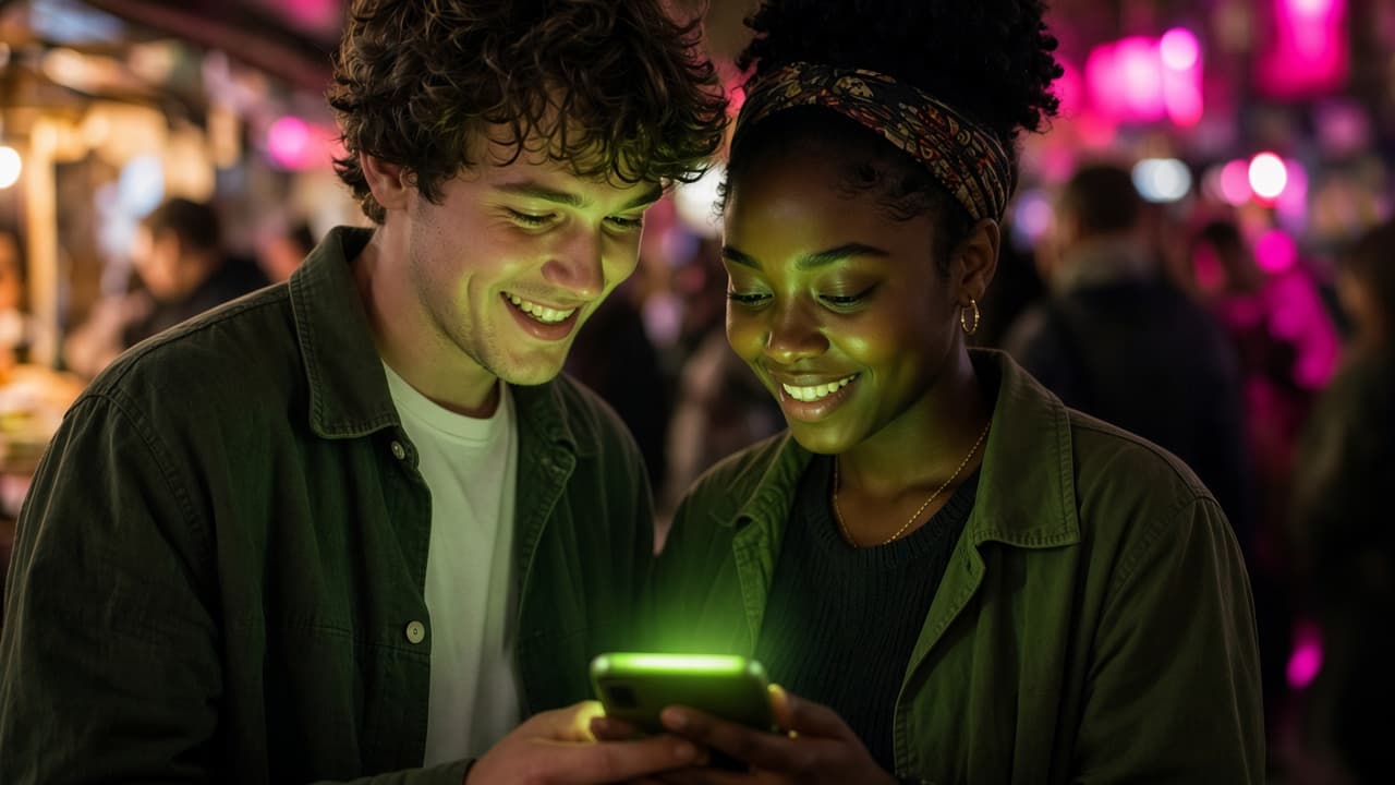 Two farmers checking a lime phone at night