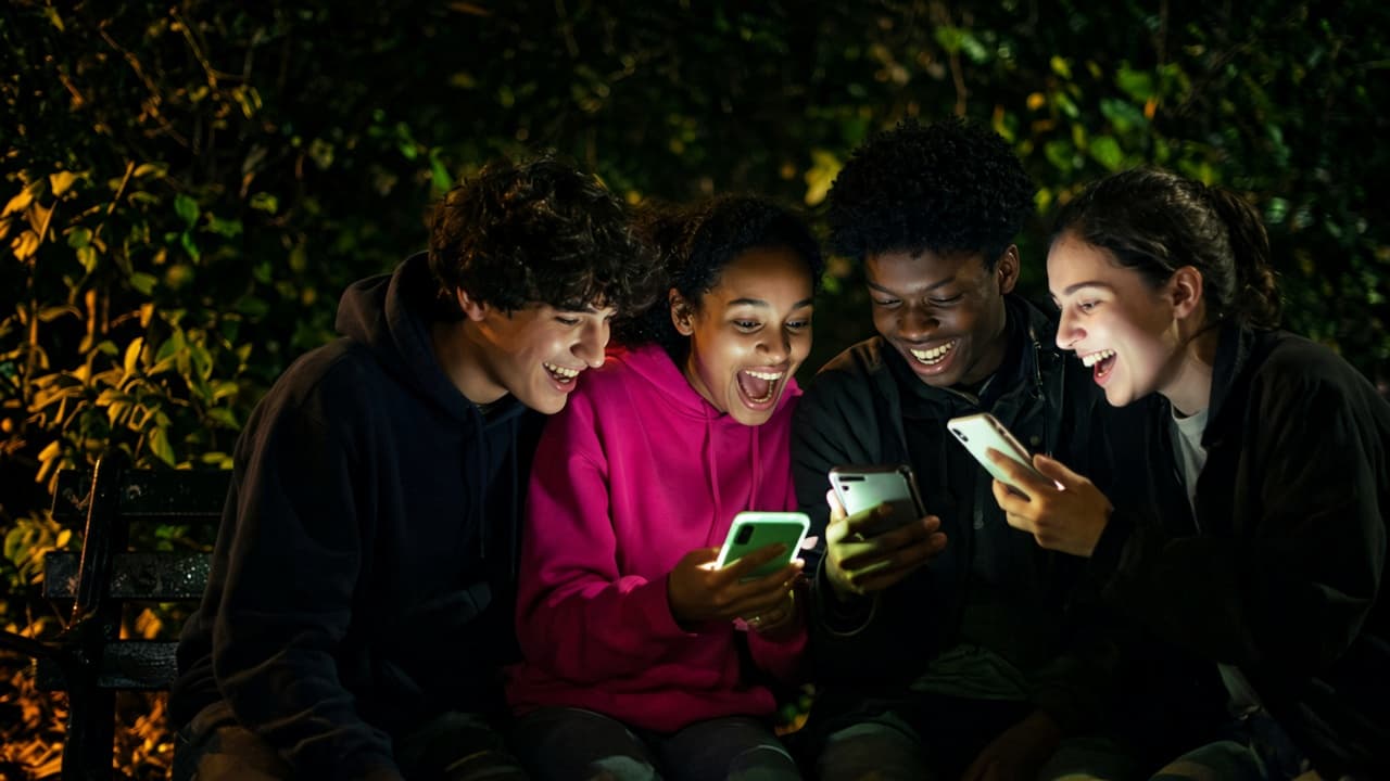 Friends on a bench reacting to farms on their phones