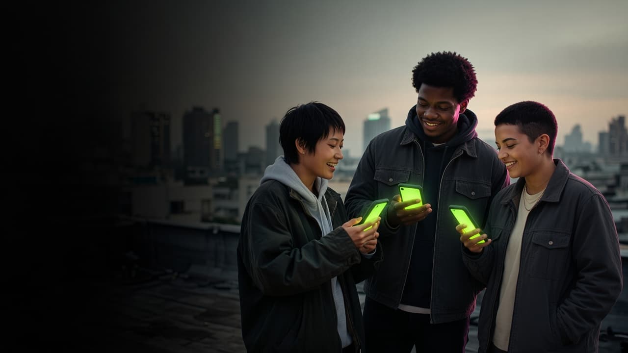 Three farmers on a rooftop comparing lime phone screens