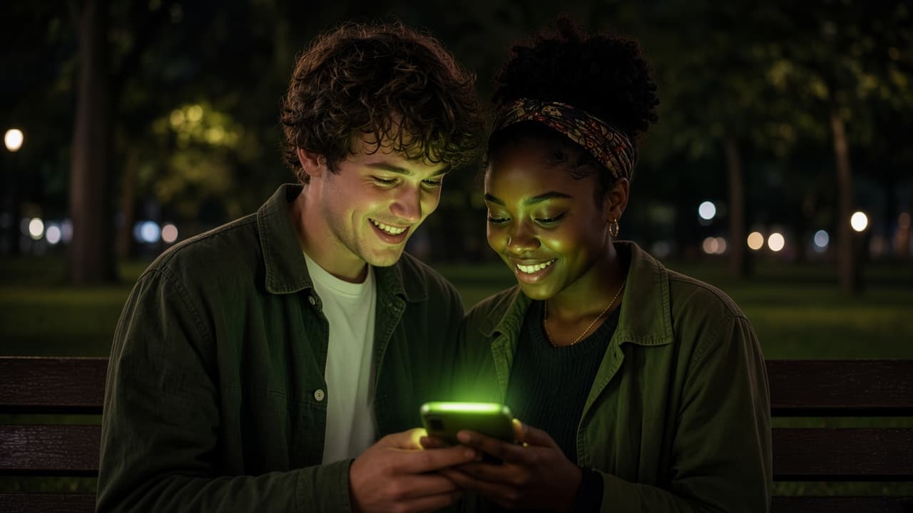 Two farmers sharing one phone on a night bench